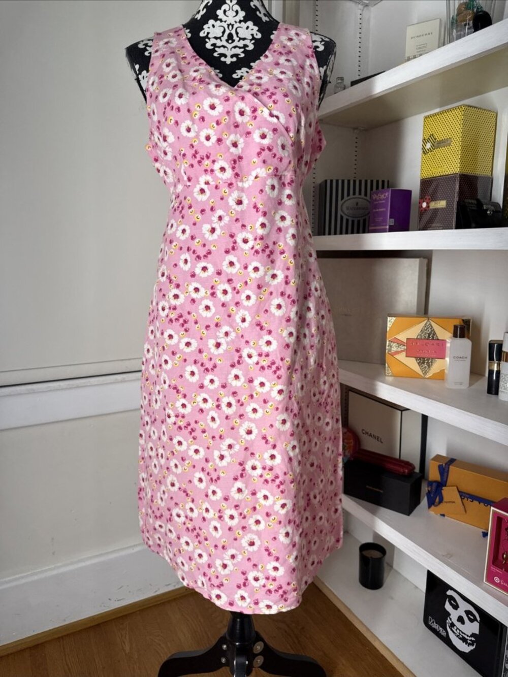 Basic Editions Linen Blend Pink white yellow Floral Tank Sundress fully lined 16